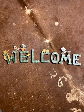 Welcome Wooden Wall Sign in Distressed Teal with Animal Accents